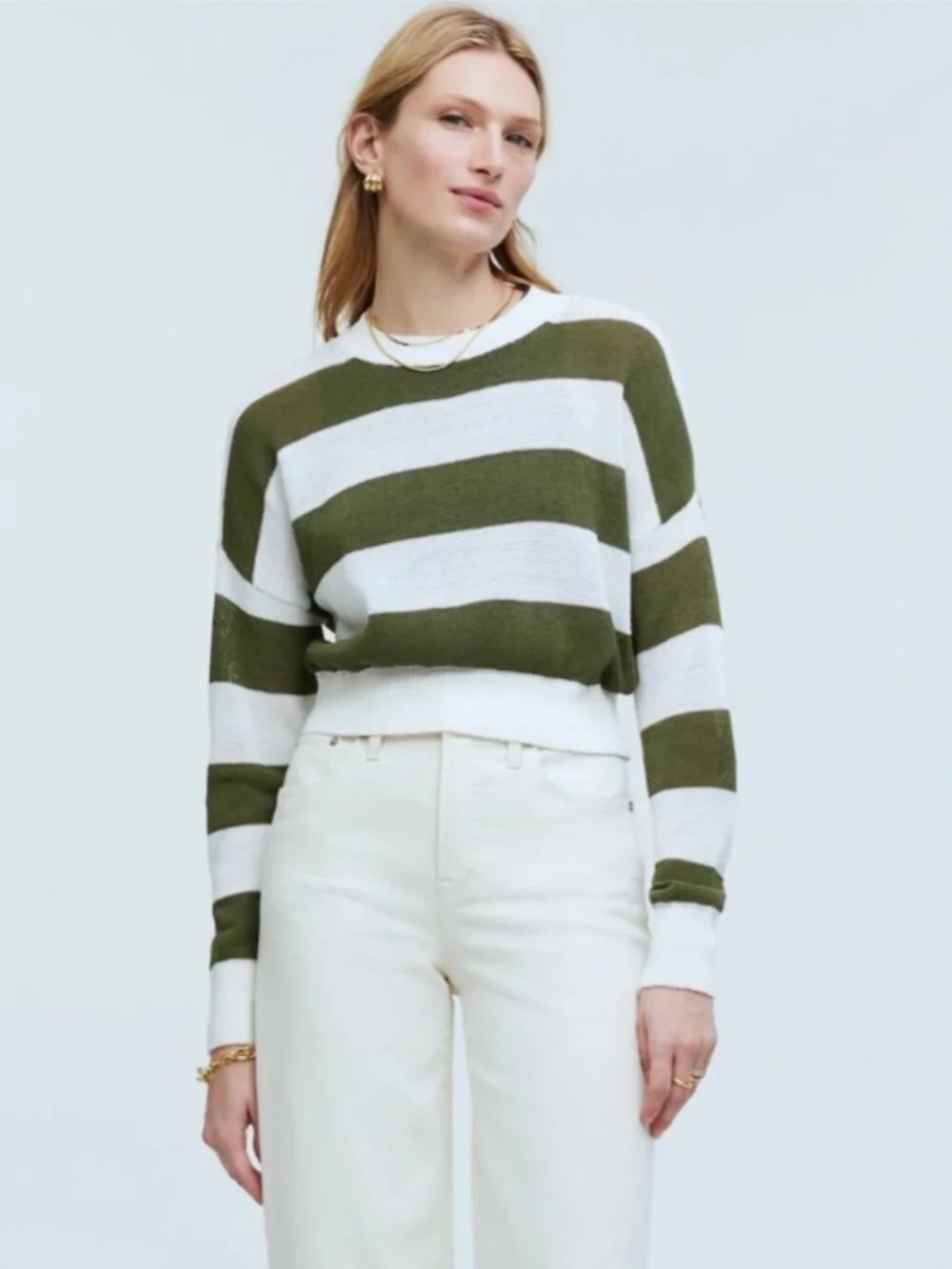 Madewell Loose-Knit Crewneck Crop Sweater in Ivory & Green Stripe XL